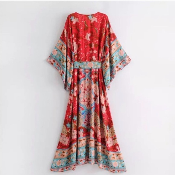 New Boho Floral Kimono Red Maxi Lotus Dress - Picture 3 of 5